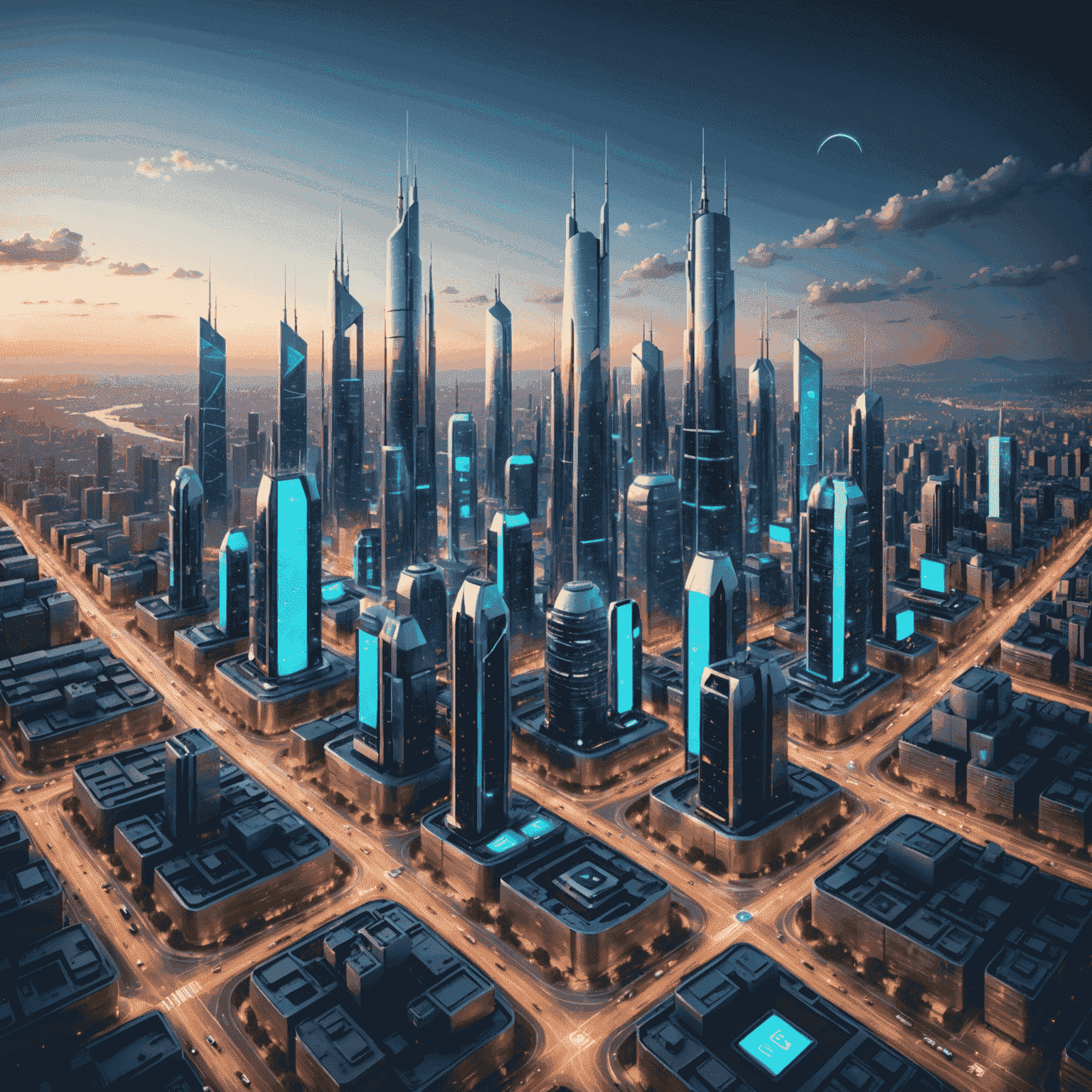 A futuristic cityscape with 5G towers and devices showing high-speed connectivity