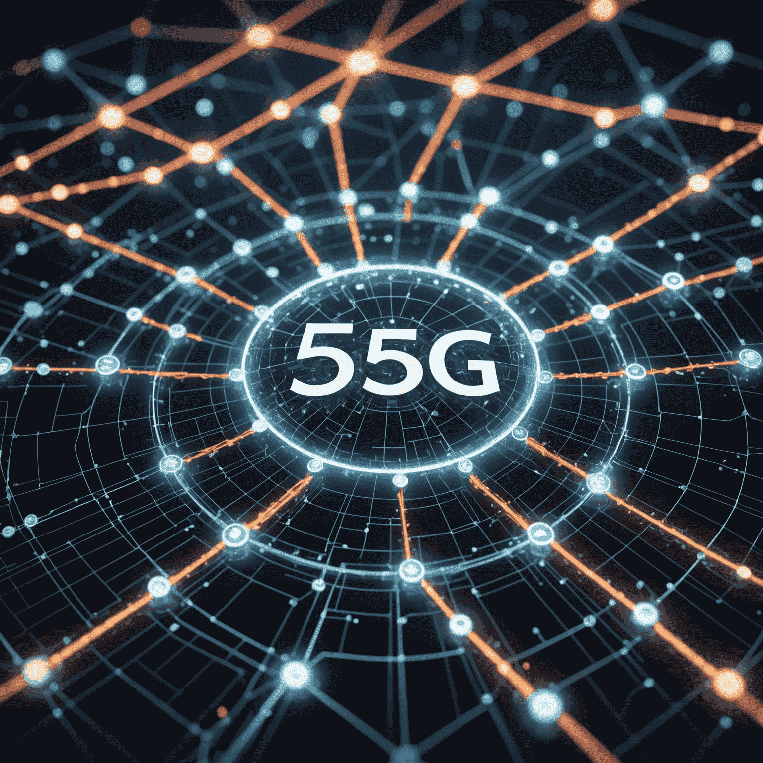 A futuristic visualization of a 5G network with interconnected nodes and high-speed data streams, showcasing the power and reach of 5G technology