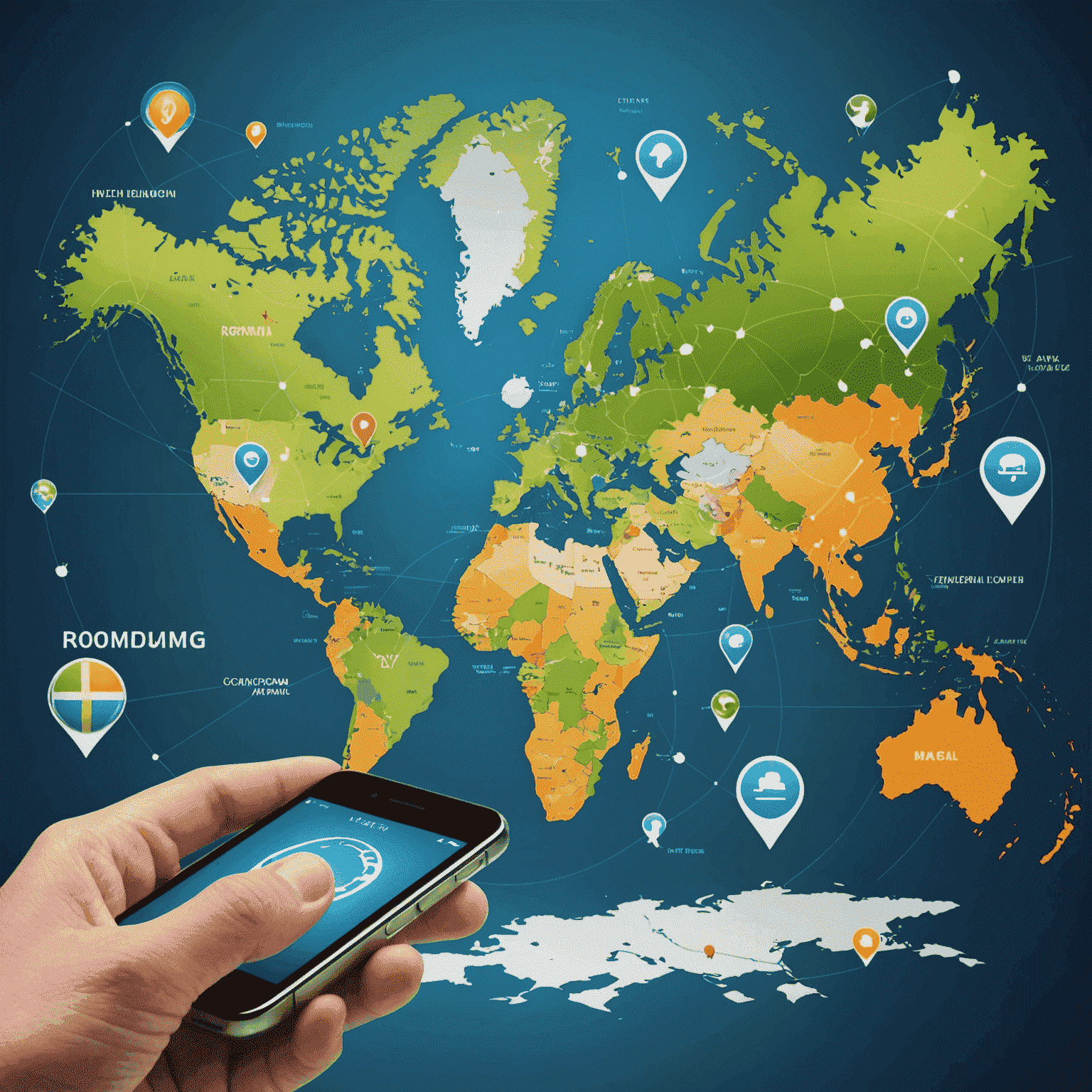 A world map with highlighted countries and mobile phone icons, representing international roaming coverage