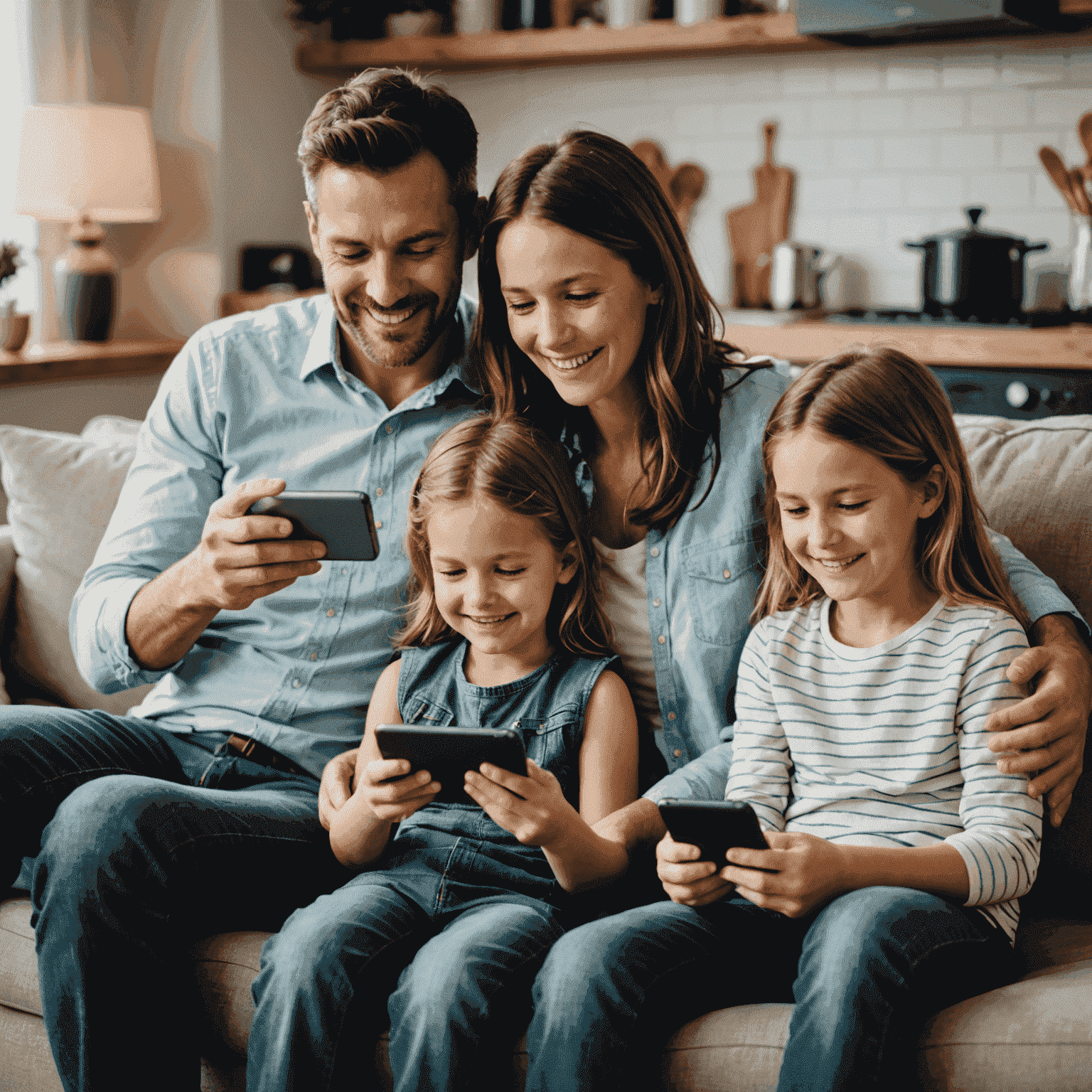 A happy family of four sitting on a couch, each using a mobile device. Parents and two children smiling while browsing on smartphones and tablets.