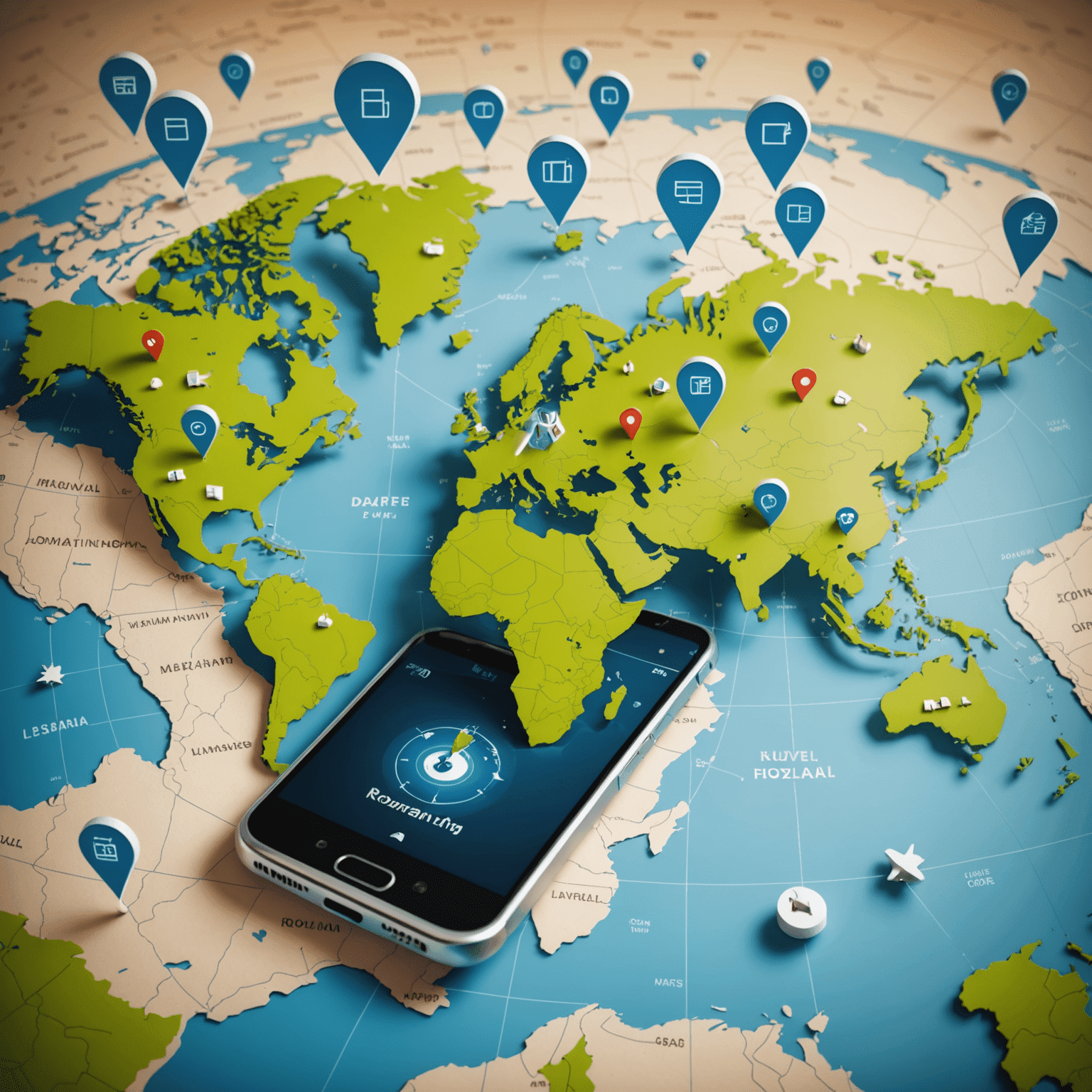 A world map with highlighted countries and mobile phone icons, representing international roaming coverage