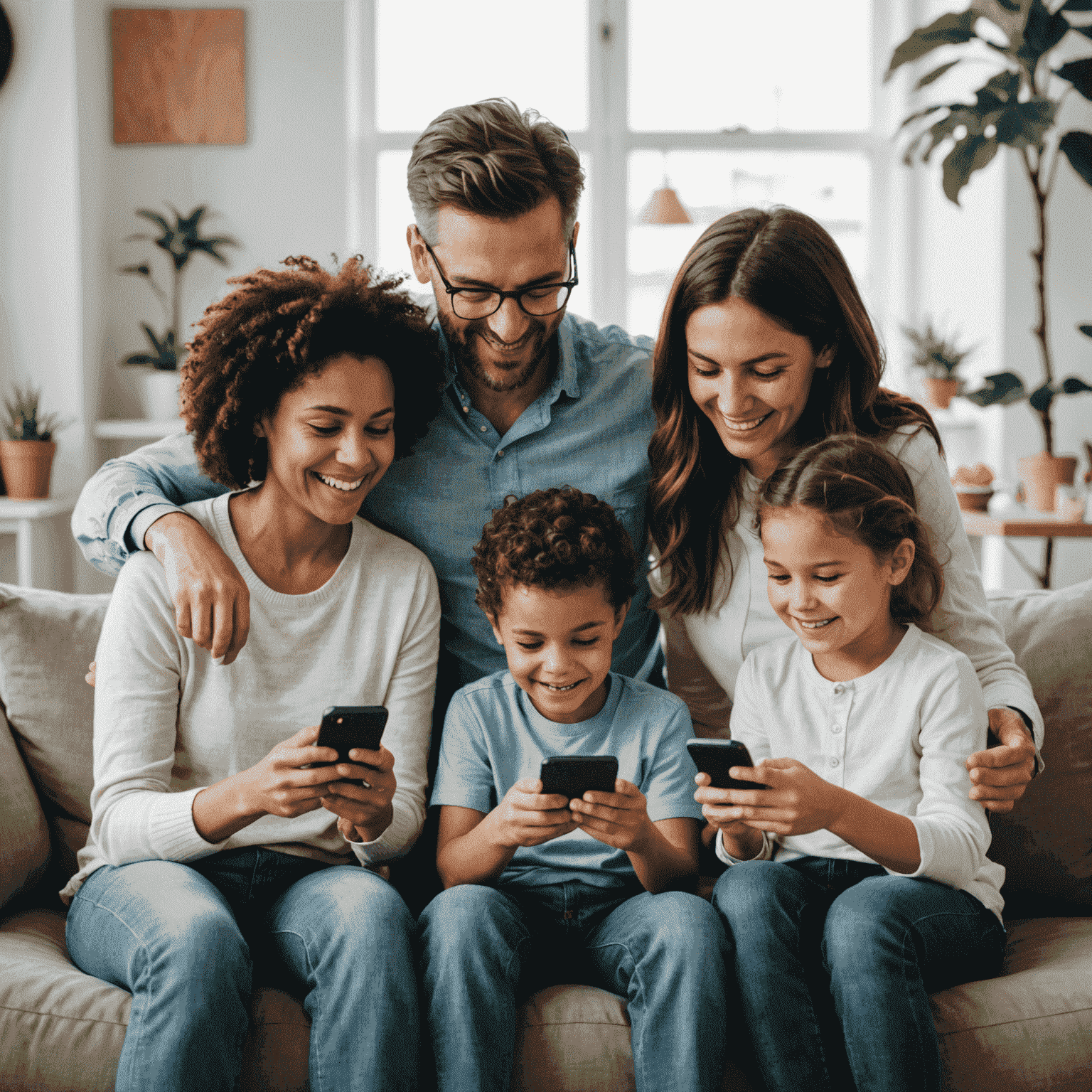 A happy family using smartphones together, representing the concept of family mobile plans