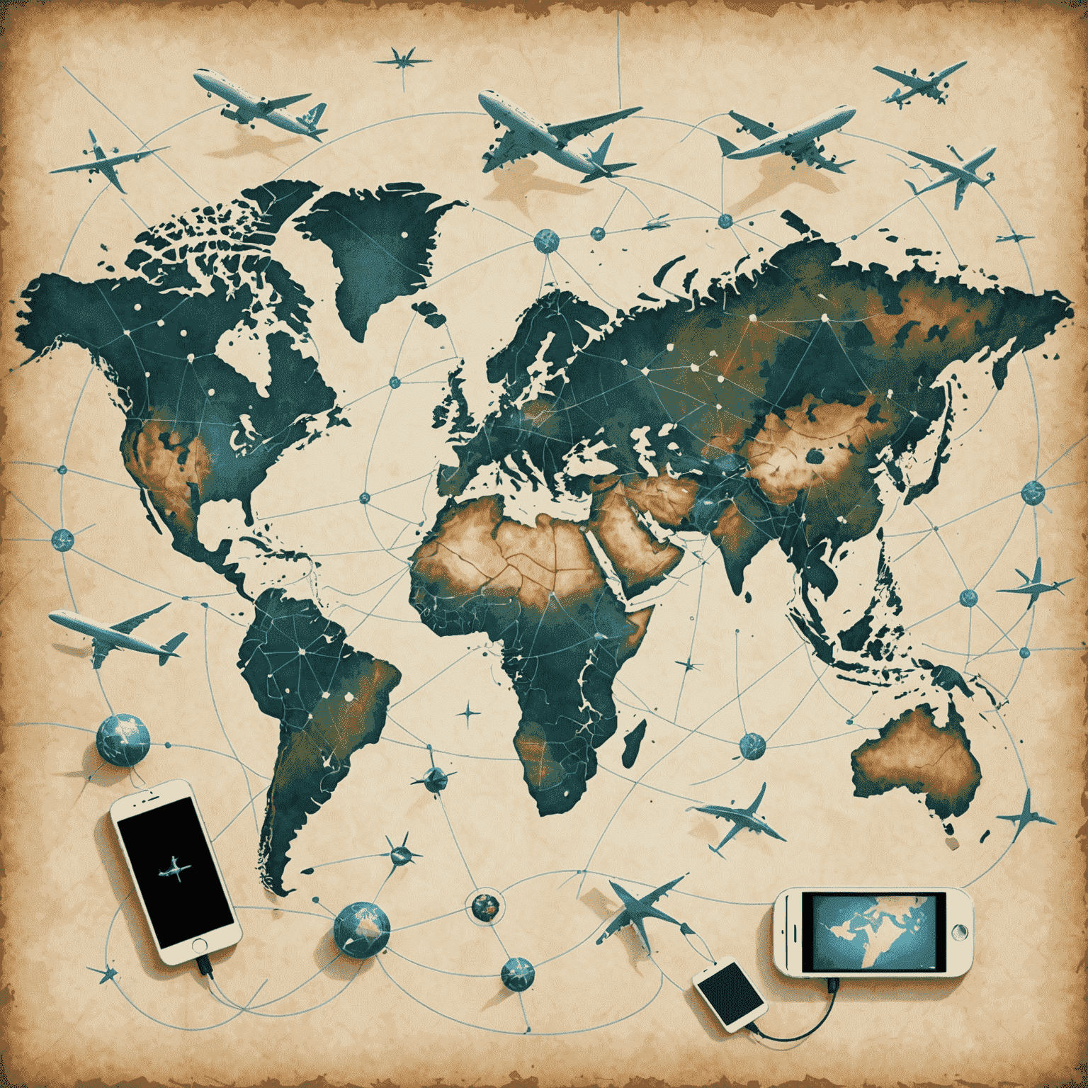 A world map with connected devices and airplanes, representing global connectivity