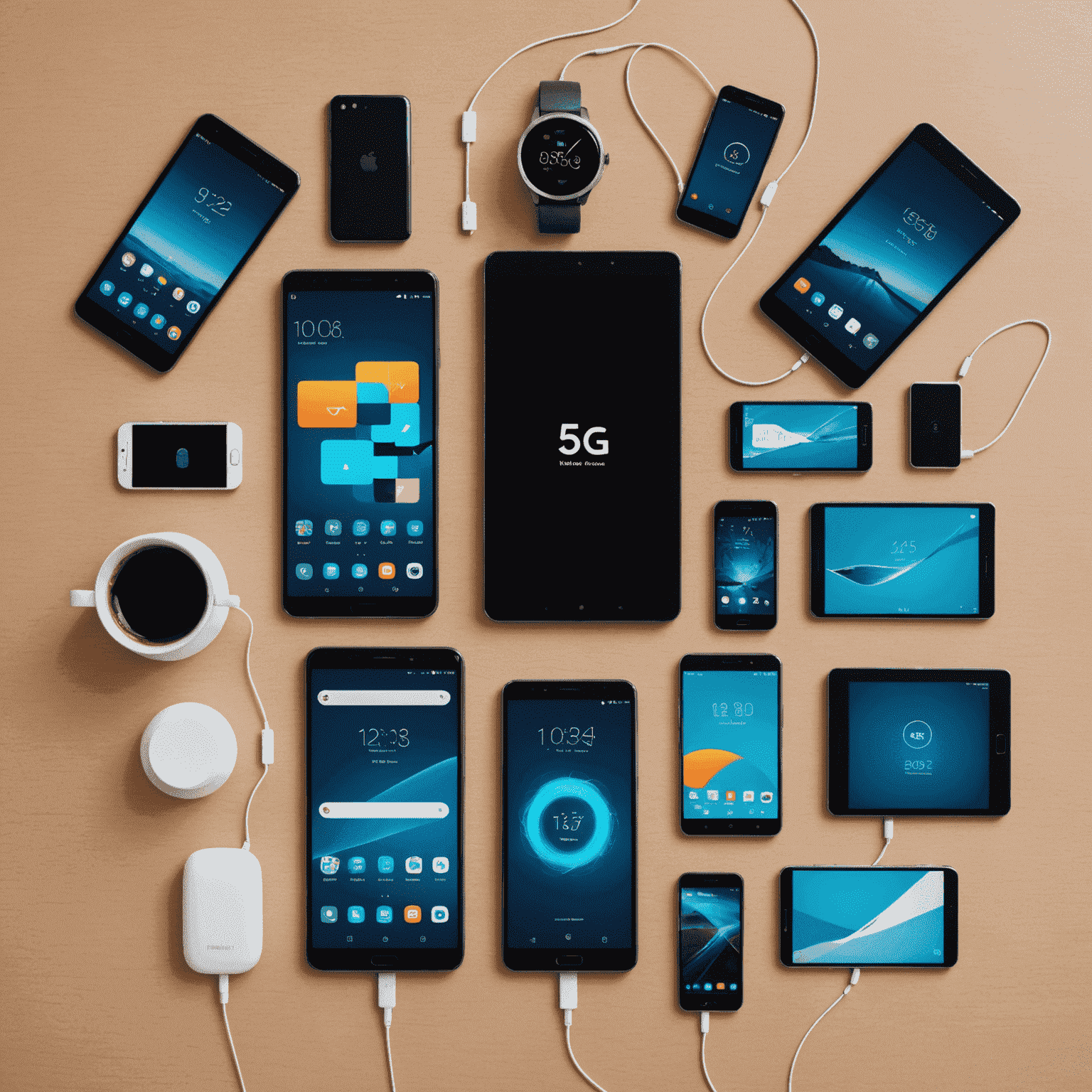 A collection of modern 5G-enabled smartphones, tablets, and IoT devices showcasing the wide range of compatible technology