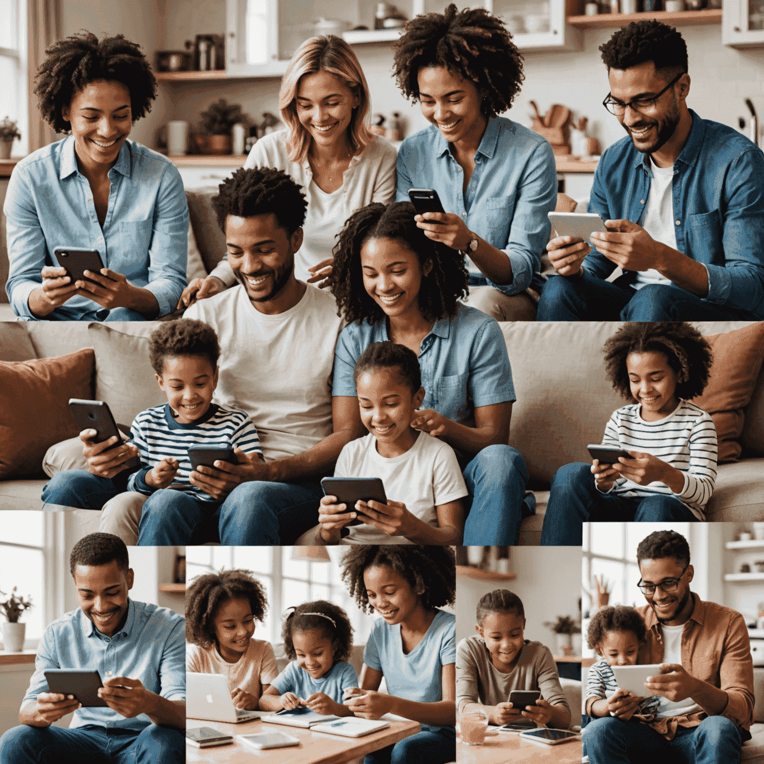 A collage showing various family members using mobile devices for different activities, emphasizing the connectivity provided by our family plans