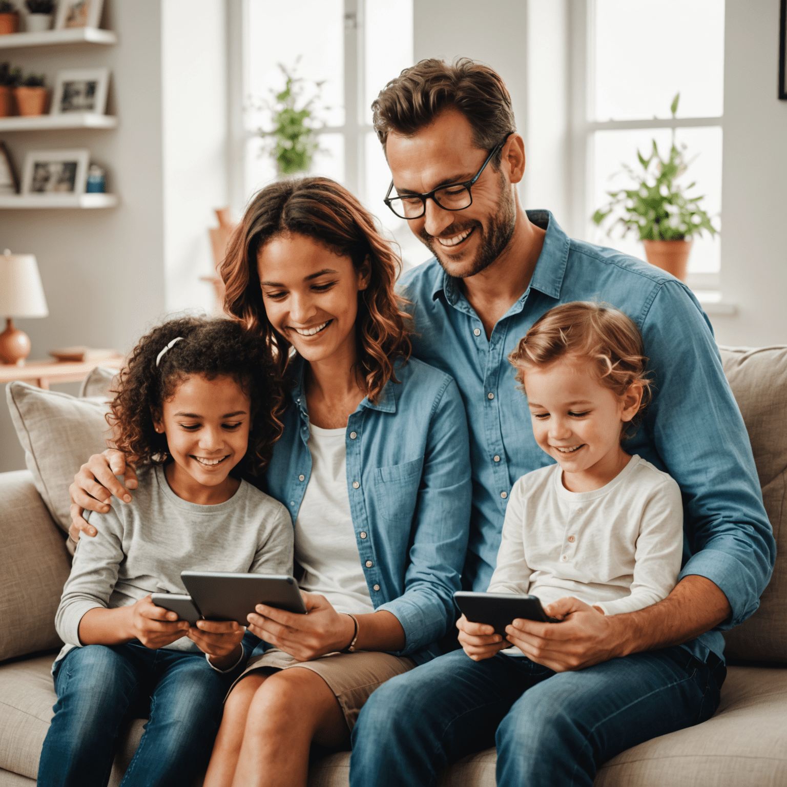 A happy family using various mobile devices, symbolizing a family plan