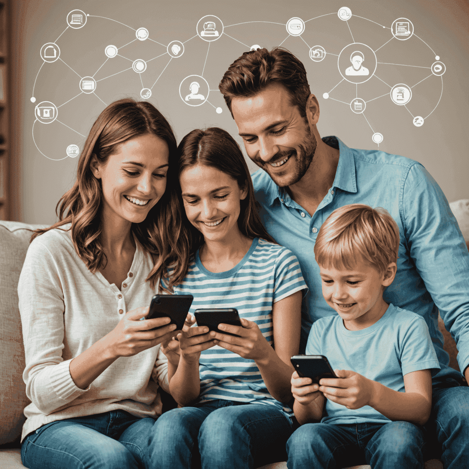 Happy family using smartphones together, with a graphic showing shared data and multiple phone lines